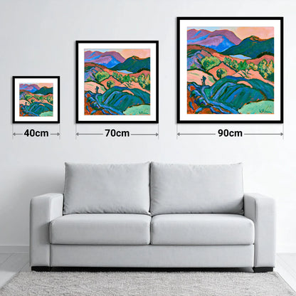 Hiker Silhouette in Vibrant Fells - size guide showing 40cm, 70cm and 90cm art prints