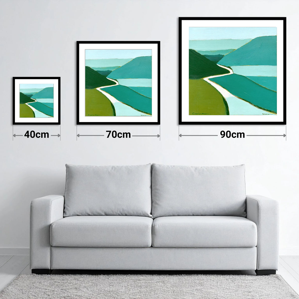 Winding Mountain Pass in Teal - size guide showing 40cm, 70cm and 90cm art prints