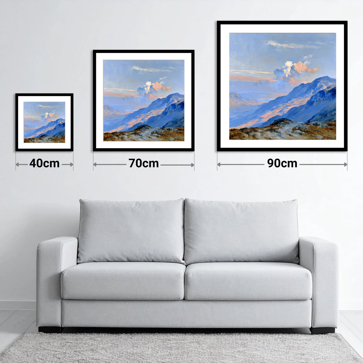 Sunlit Summit Over Blue Fells - size guide showing 40cm, 70cm and 90cm art prints