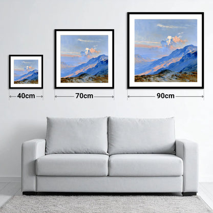 Sunlit Summit Over Blue Fells - size guide showing 40cm, 70cm and 90cm art prints