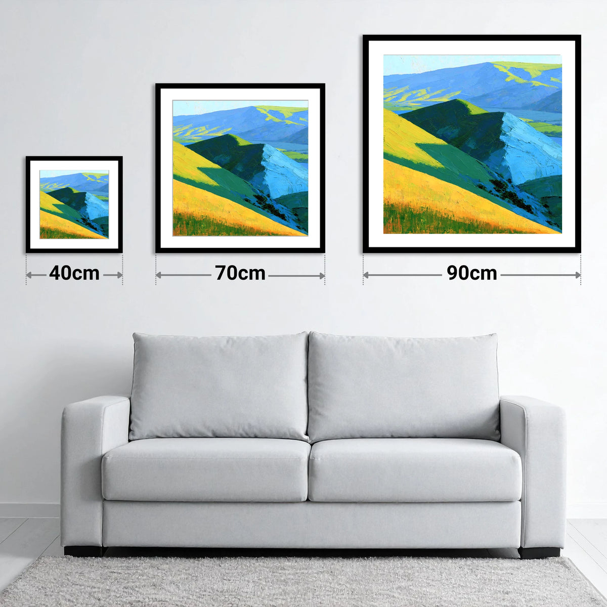 Vibrant Sunlit Fells and Deep Blue Shadows - size guide showing 40cm, 70cm and 90cm art prints