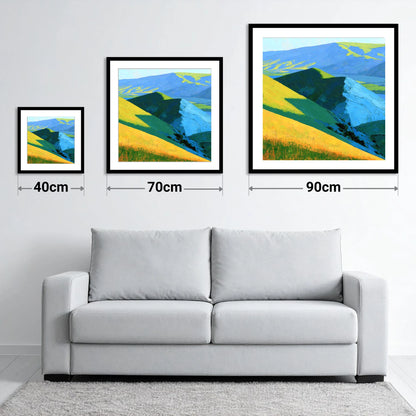 Vibrant Sunlit Fells and Deep Blue Shadows - size guide showing 40cm, 70cm and 90cm art prints