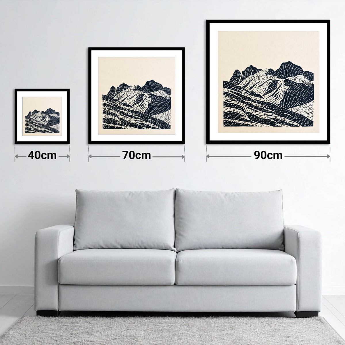 Bold Langdale Pikes Silhouette - size guide showing 40cm, 70cm and 90cm art prints