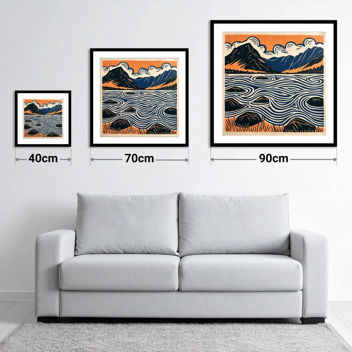 Crummock Water with Swirling Waves - size guide showing 40cm, 70cm and 90cm art prints