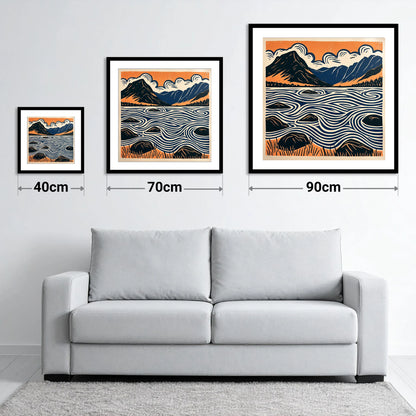 Crummock Water with Swirling Waves - size guide showing 40cm, 70cm and 90cm art prints
