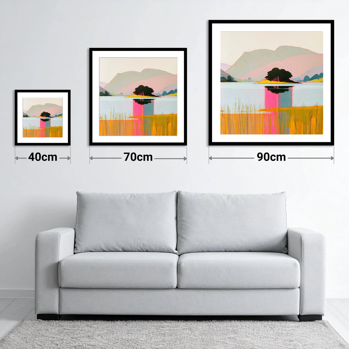 Vibrant Grasmere Island Reflections - size guide showing 40cm, 70cm and 90cm art prints