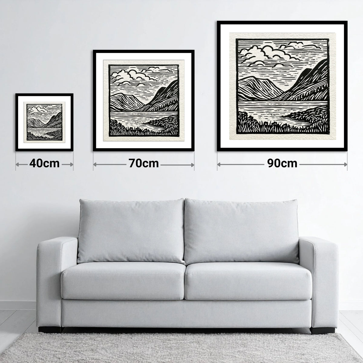 Graphic Fells of Crummock Water - size guide showing 40cm, 70cm and 90cm art prints