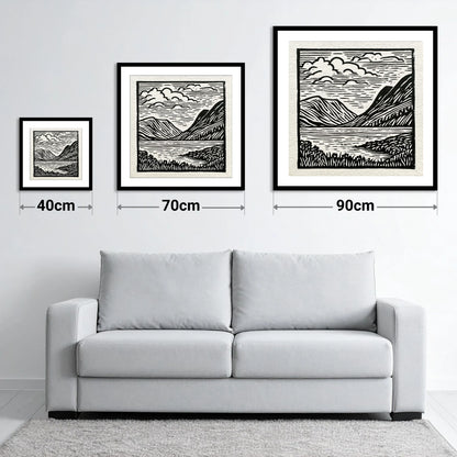 Graphic Fells of Crummock Water - size guide showing 40cm, 70cm and 90cm art prints