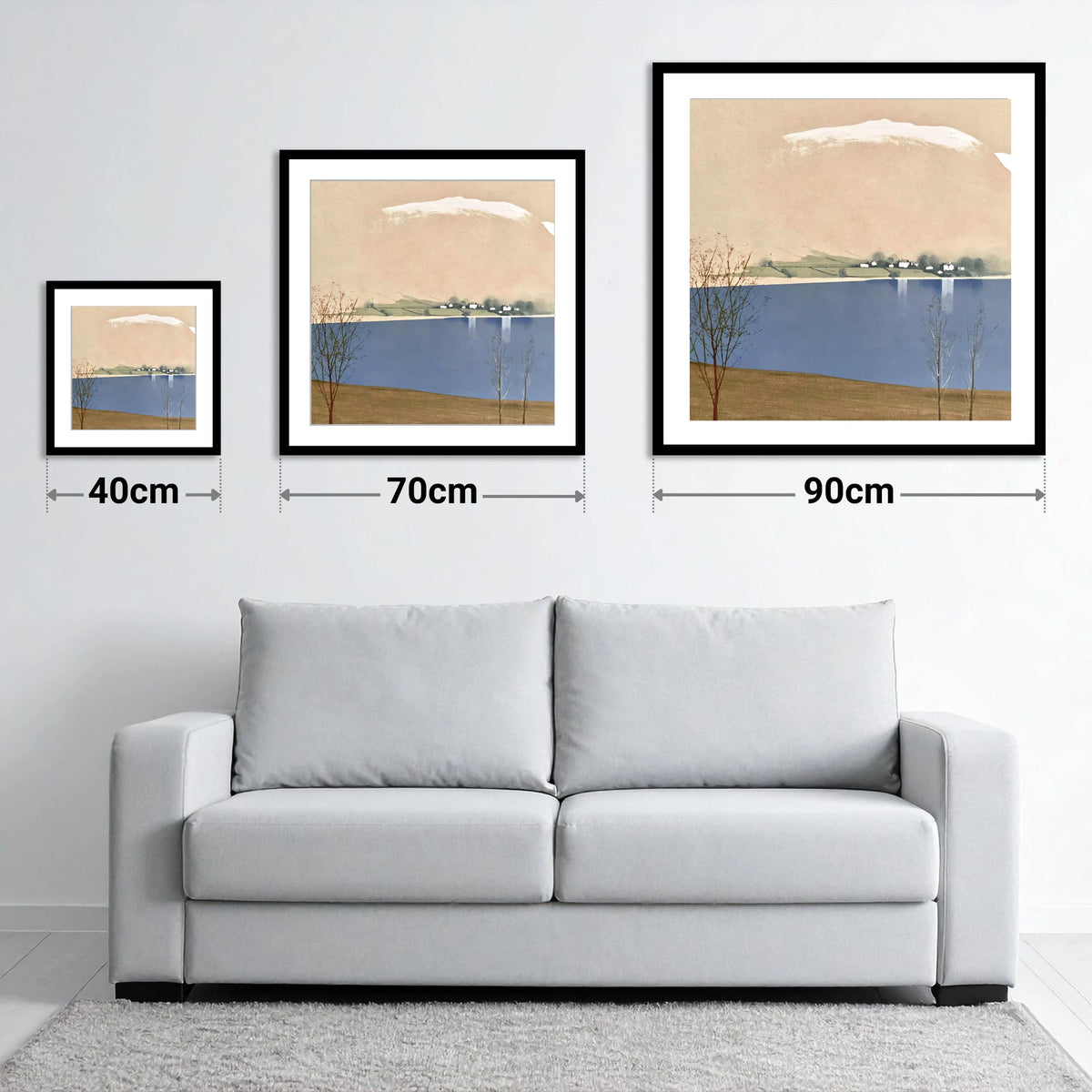 Winter Waters at Pooley Bridge - size guide showing 40cm, 70cm and 90cm art prints
