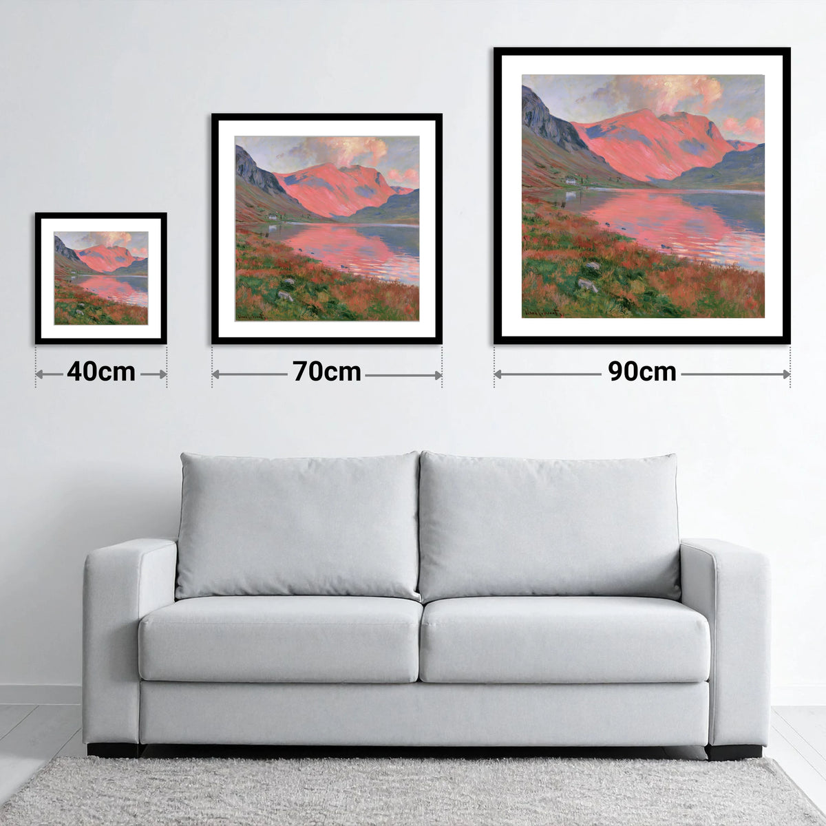 Mountain Lake with Pink Sunset - size guide showing 40cm, 70cm and 90cm art prints