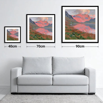 Mountain Lake with Pink Sunset - size guide showing 40cm, 70cm and 90cm art prints