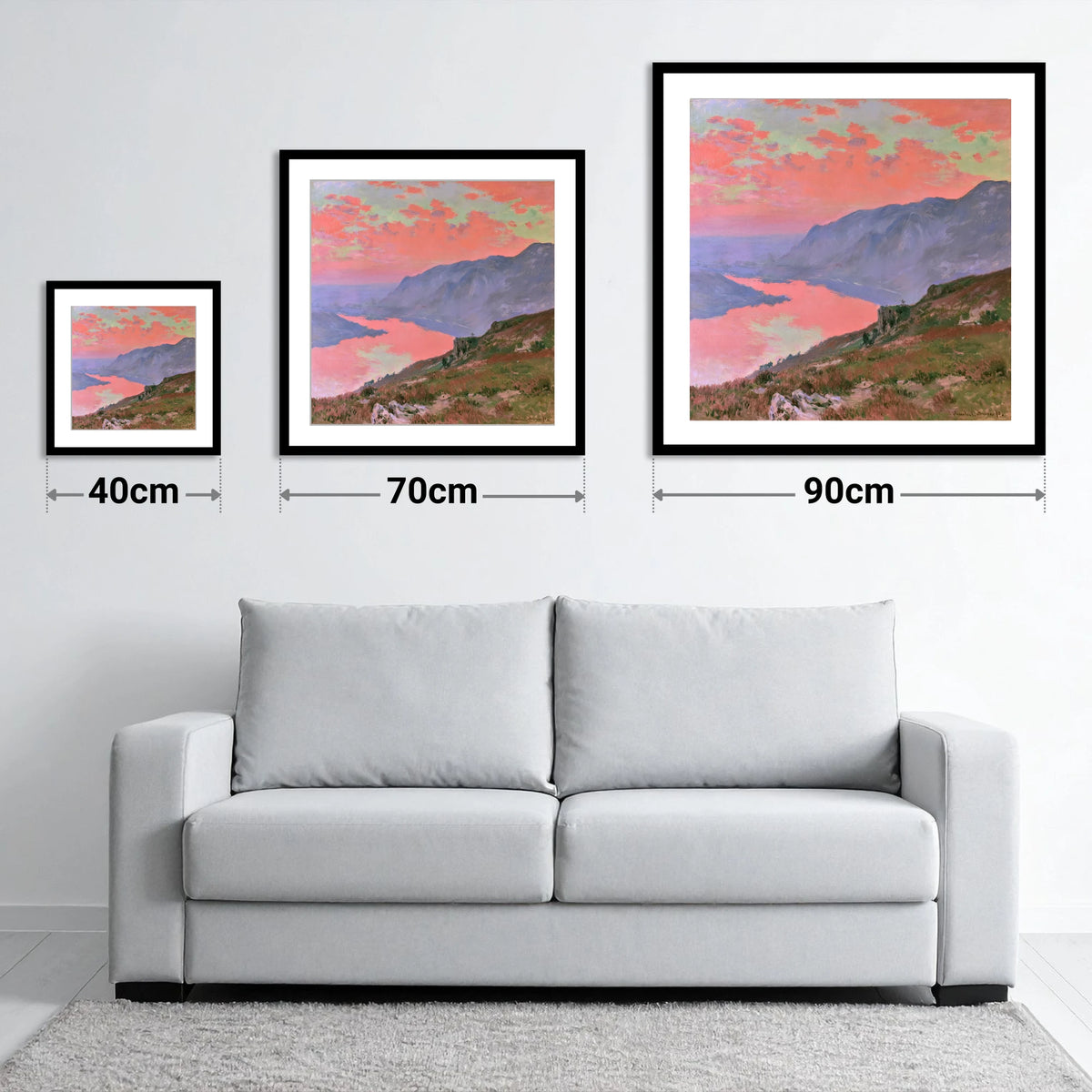 Summit View Under Coral Skies - size guide showing 40cm, 70cm and 90cm art prints