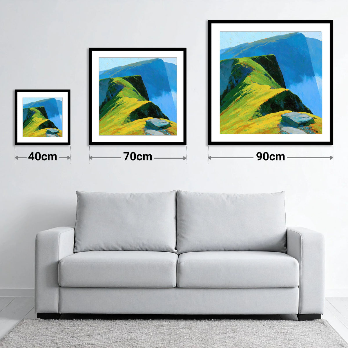 Sunlit Ridge and Deep Blue Crags - size guide showing 40cm, 70cm and 90cm art prints