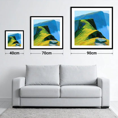 Sunlit Ridge and Deep Blue Crags - size guide showing 40cm, 70cm and 90cm art prints