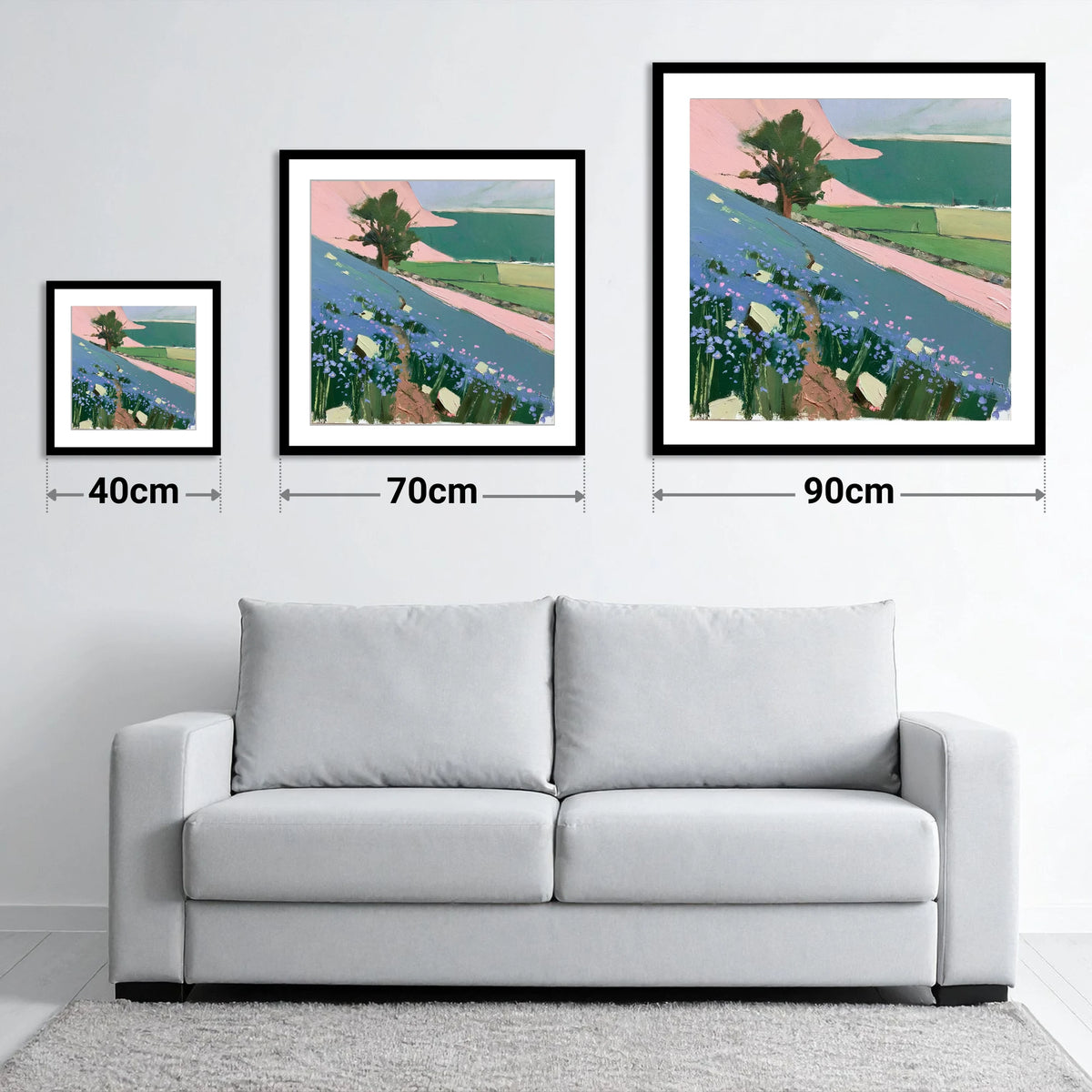 Vibrant Rannerdale Bluebells Crummock Water - size guide showing 40cm, 70cm and 90cm art prints