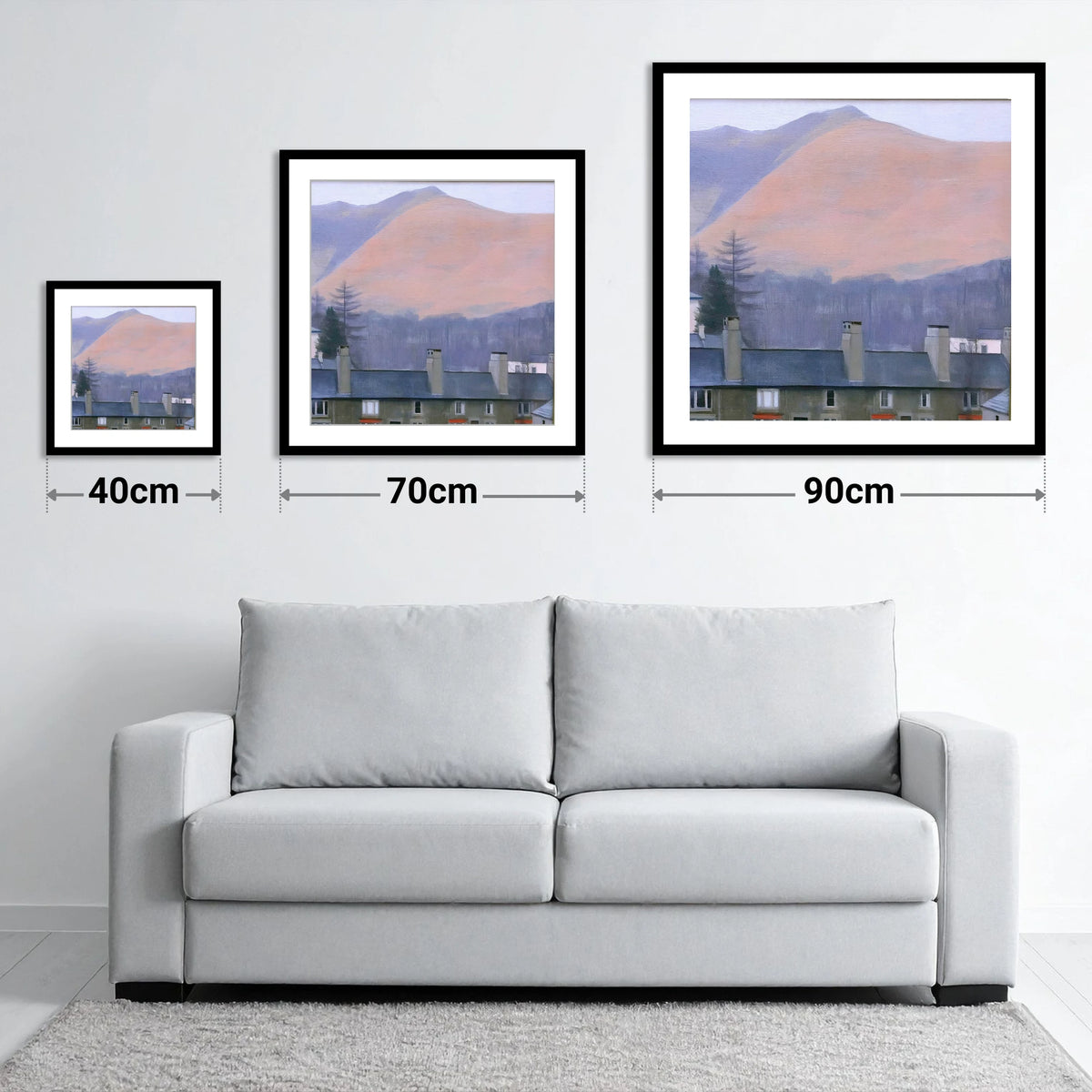 Skiddaw over Keswick at Dusk - size guide showing 40cm, 70cm and 90cm art prints