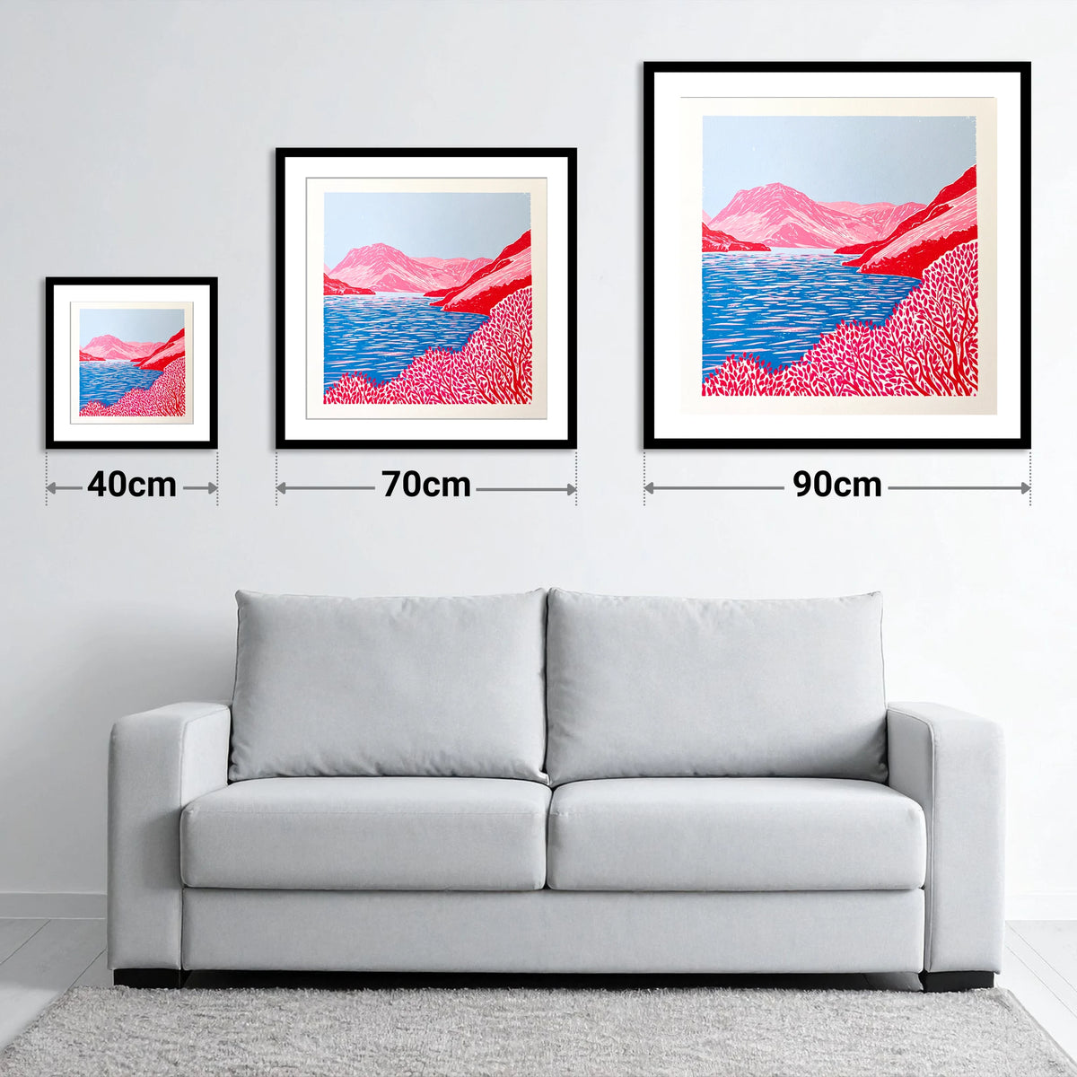 Vibrant Red Crummock Water - size guide showing 40cm, 70cm and 90cm art prints