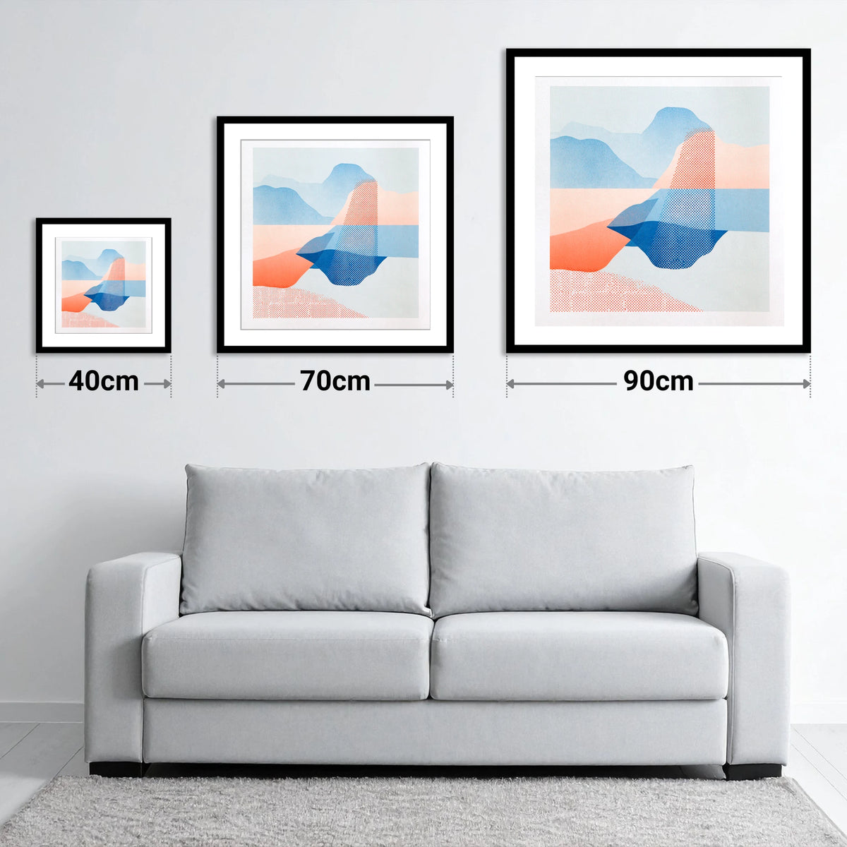 Abstract Grasmere in Coral and Cerulean - size guide showing 40cm, 70cm and 90cm art prints