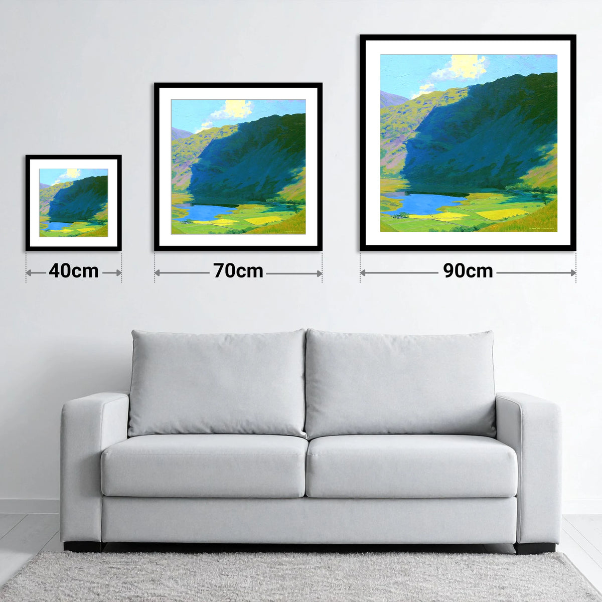 Brock Crags over Sunlit Valley - size guide showing 40cm, 70cm and 90cm art prints