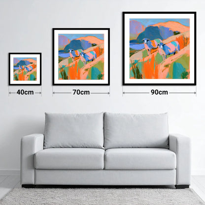 Colourful Herdwick Sheep on Fellside - size guide showing 40cm, 70cm and 90cm art prints