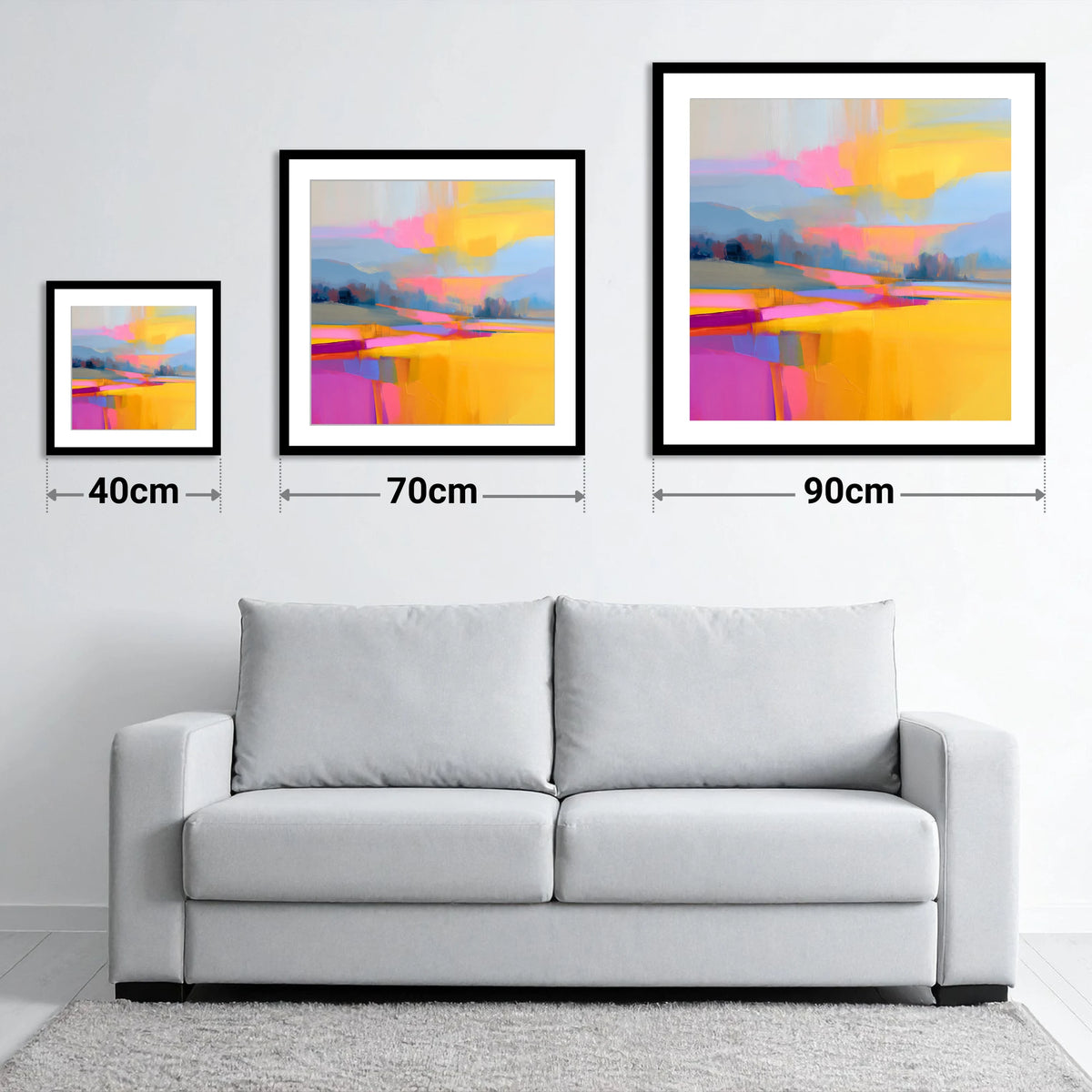 Fuchsia and Gold Evening Fells - size guide showing 40cm, 70cm and 90cm art prints