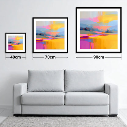Fuchsia and Gold Evening Fells - size guide showing 40cm, 70cm and 90cm art prints