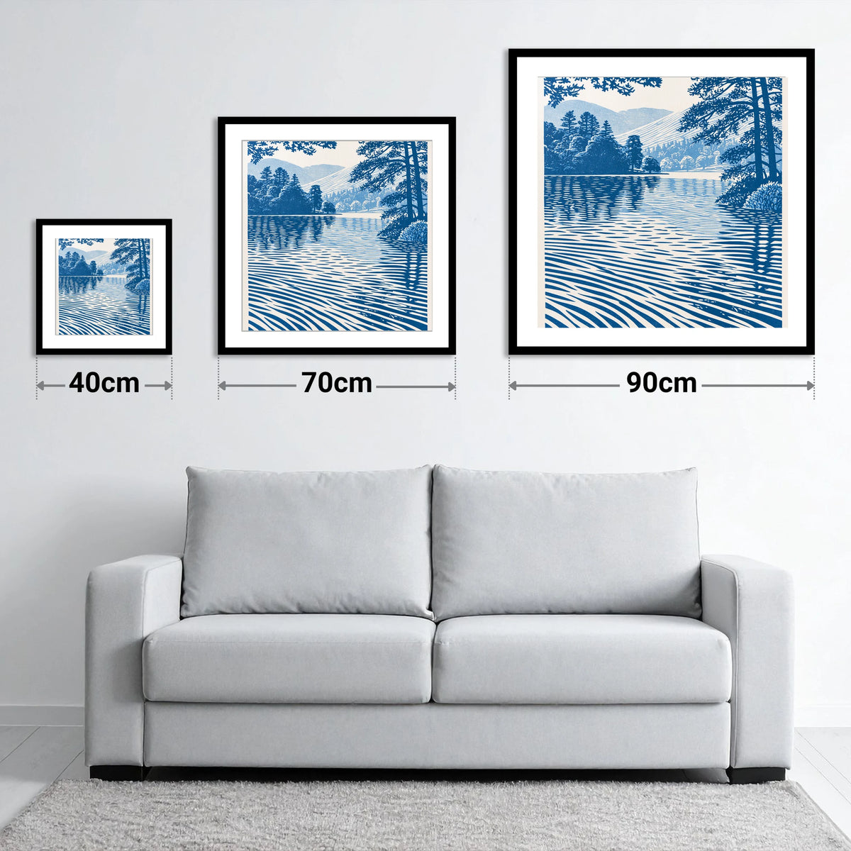 Rippled Blue Lake at Dawn - size guide showing 40cm, 70cm and 90cm art prints