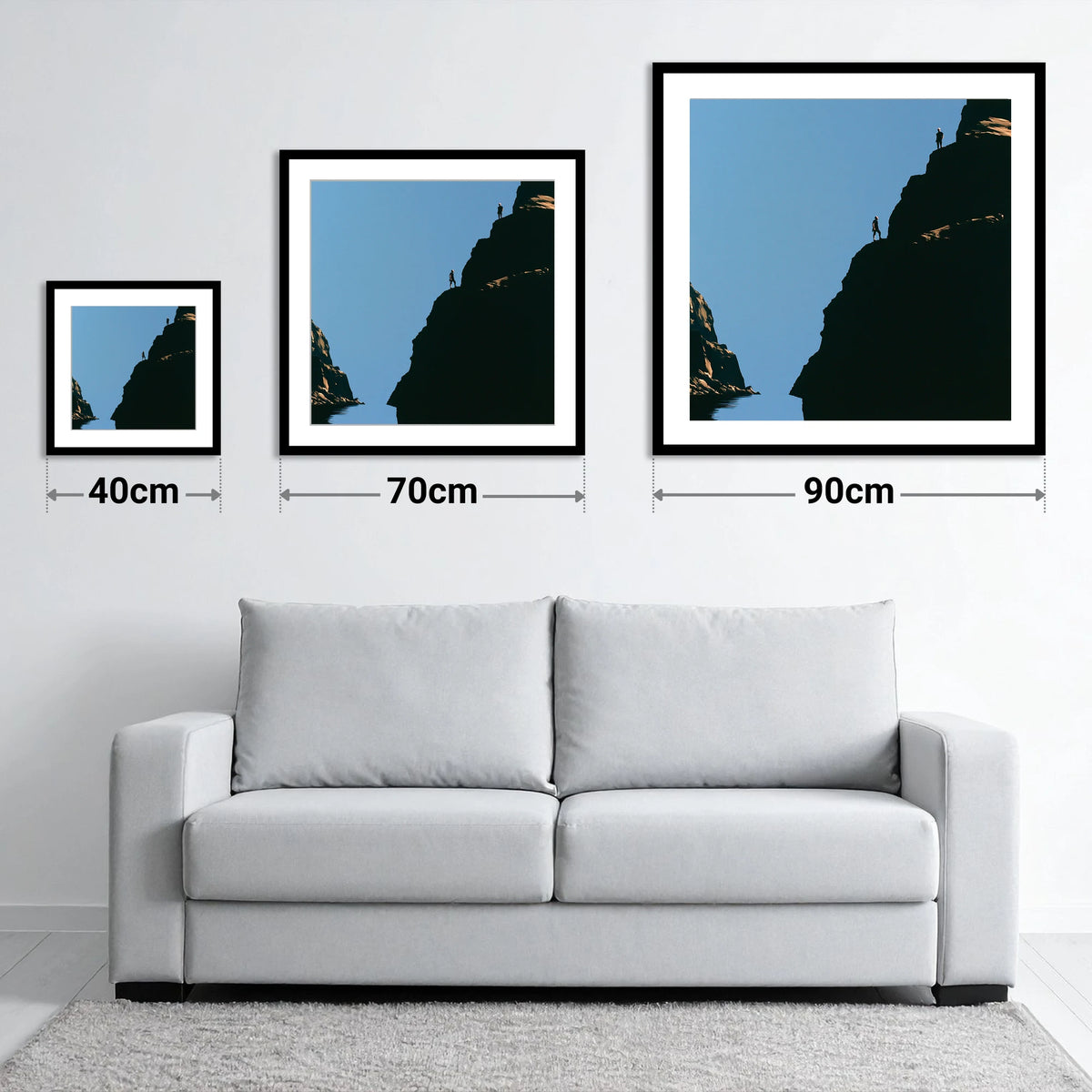 Silhouetted Climbers on Lakeland Crag - size guide showing 40cm, 70cm and 90cm art prints