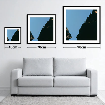 Silhouetted Climbers on Lakeland Crag - size guide showing 40cm, 70cm and 90cm art prints