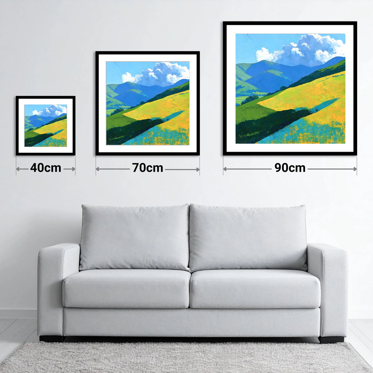 Sunlit Fells in Cerulean and Gold - size guide showing 40cm, 70cm and 90cm art prints