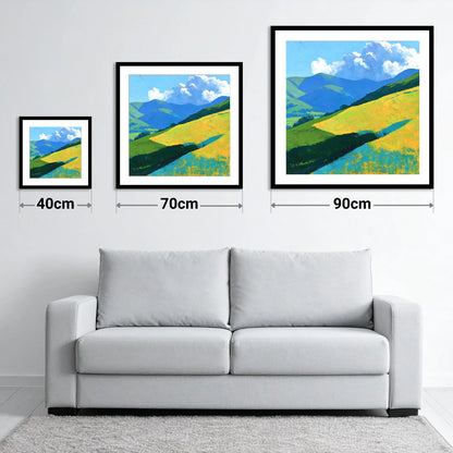 Sunlit Fells in Cerulean and Gold - size guide showing 40cm, 70cm and 90cm art prints