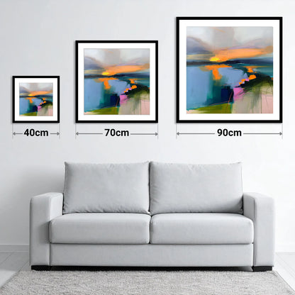 Abstract Sunset Over Lake Water - size guide showing 40cm, 70cm and 90cm art prints