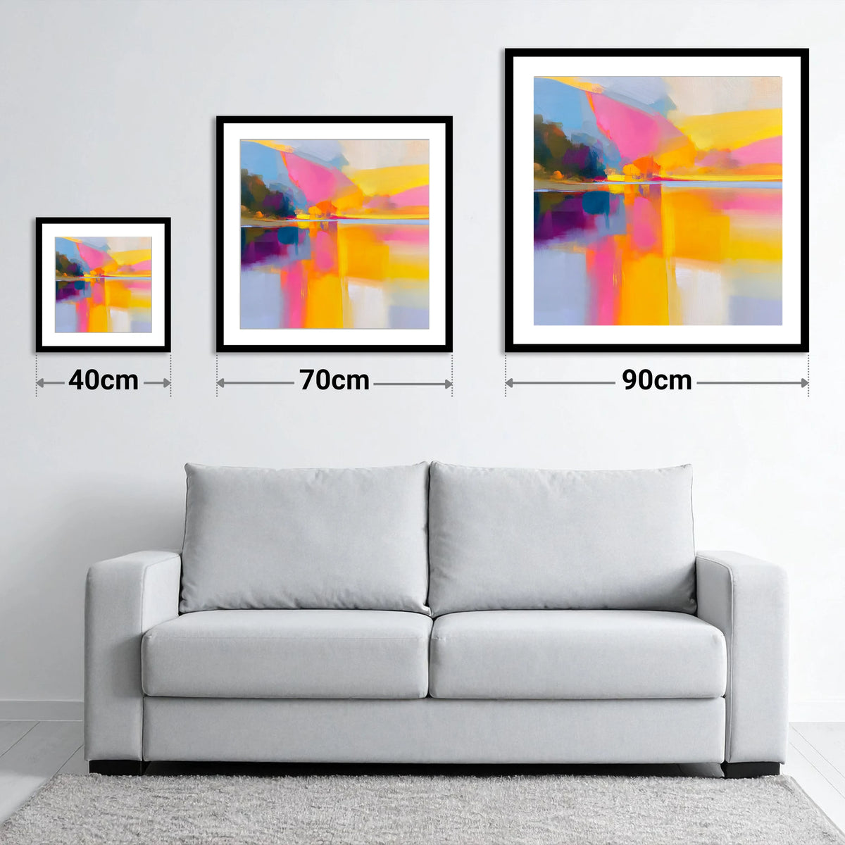 Vibrant Pink Calm Lake Reflections - size guide showing 40cm, 70cm and 90cm art prints