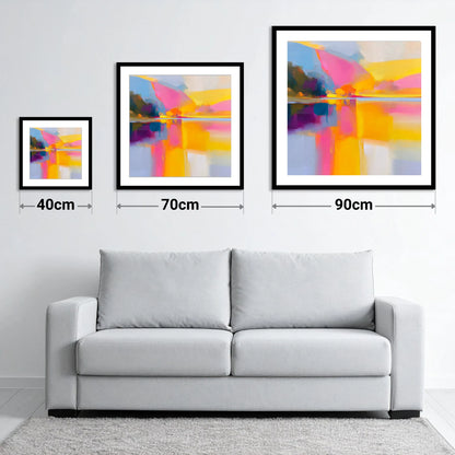 Vibrant Pink Calm Lake Reflections - size guide showing 40cm, 70cm and 90cm art prints