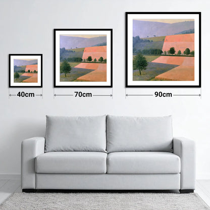 Pastel Patchwork Lakeland Dale Fields - size guide showing 40cm, 70cm and 90cm art prints