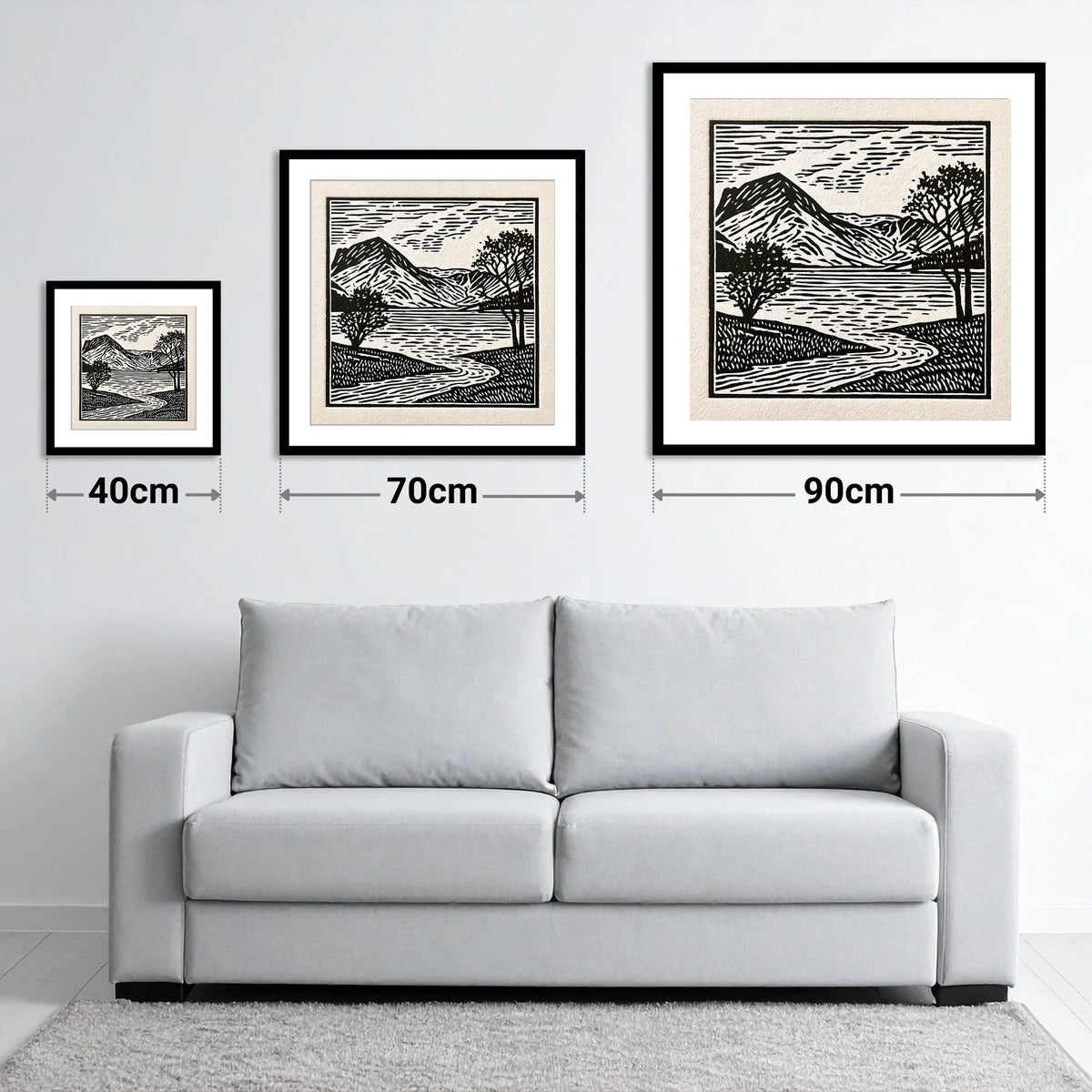 Graphic Monochrome Buttermere Fells - size guide showing 40cm, 70cm and 90cm art prints