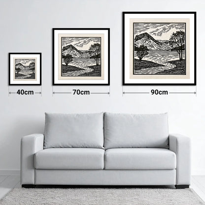 Graphic Monochrome Buttermere Fells - size guide showing 40cm, 70cm and 90cm art prints