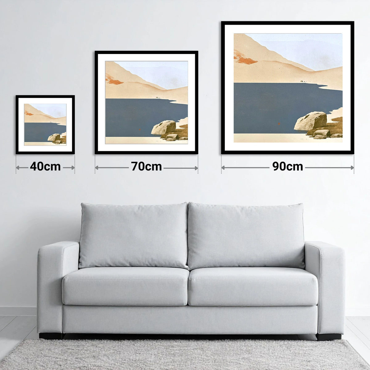 Slate Waters of Easedale Tarn - size guide showing 40cm, 70cm and 90cm art prints