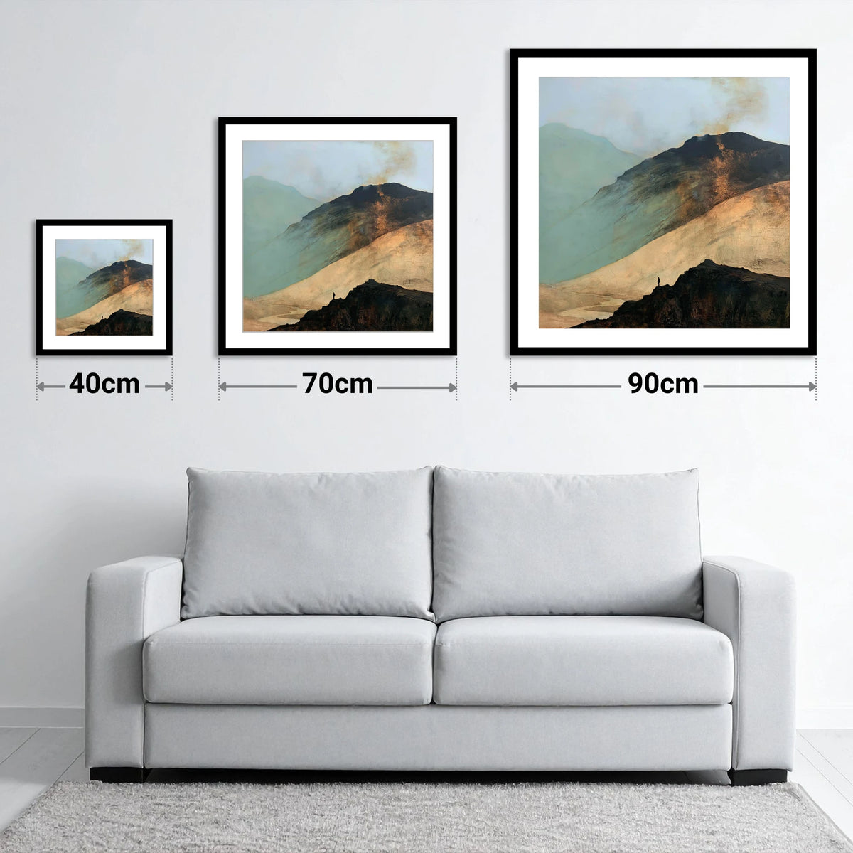 Great Gable and Westmorland Cairn - size guide showing 40cm, 70cm and 90cm art prints