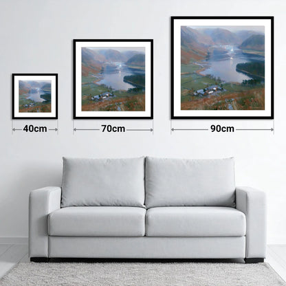 Loweswater Valley Under Silver Light - size guide showing 40cm, 70cm and 90cm art prints