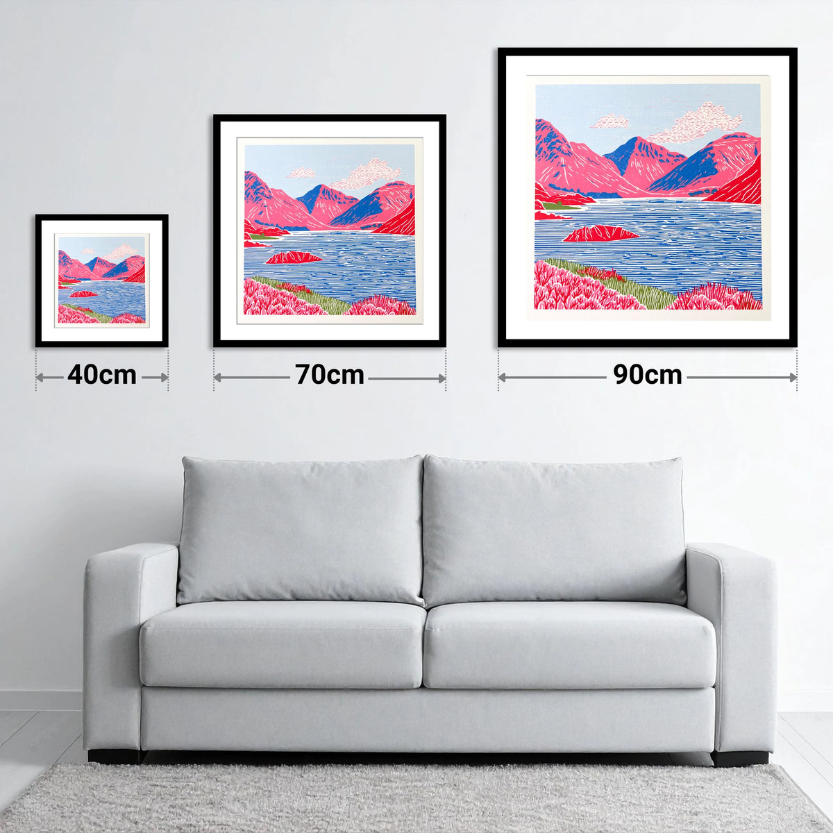 Vibrant Wasdale Fells and Lake - size guide showing 40cm, 70cm and 90cm art prints