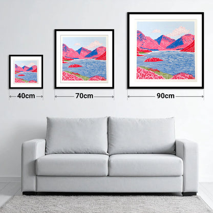 Vibrant Wasdale Fells and Lake - size guide showing 40cm, 70cm and 90cm art prints