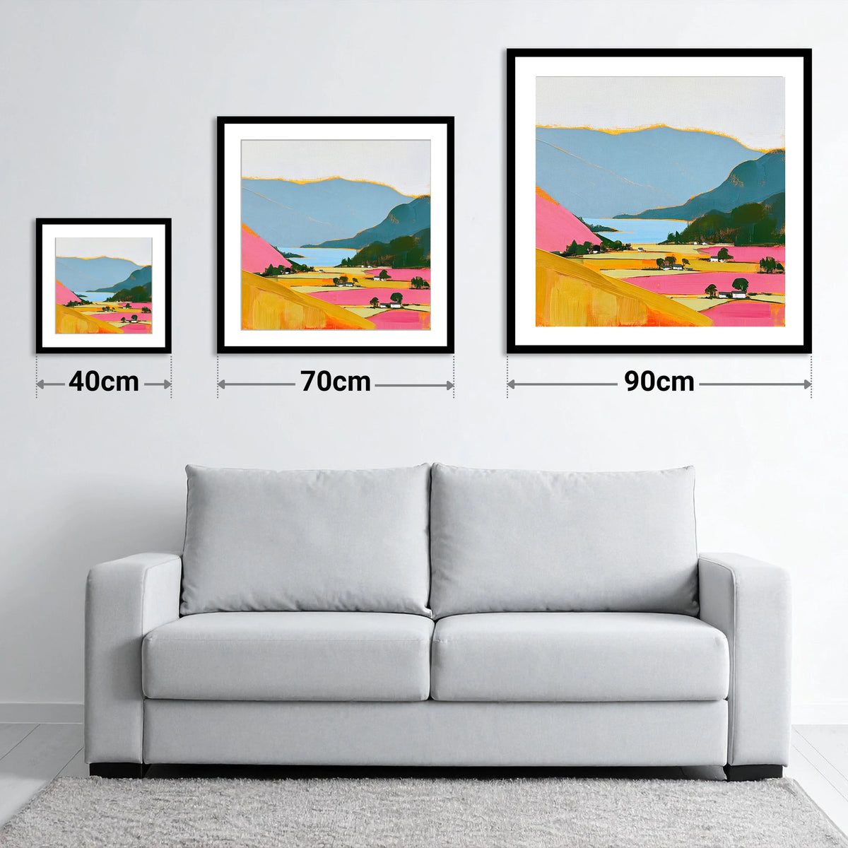 Patterdale Valley in Bold Colour - size guide showing 40cm, 70cm and 90cm art prints