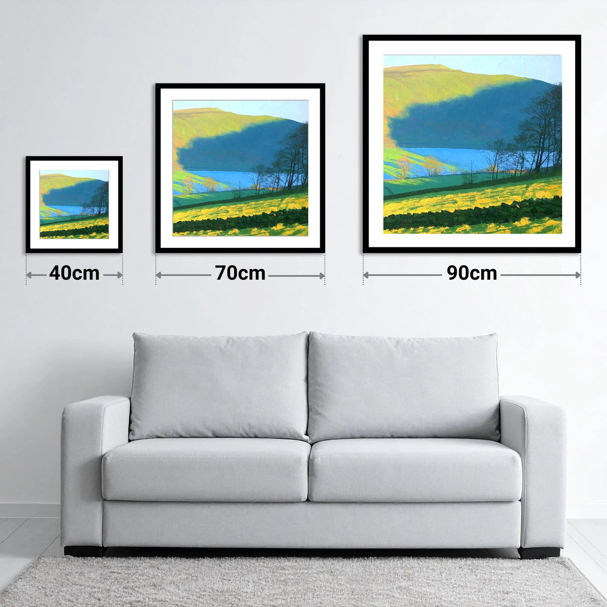 Sunlight on Blake Fell Ridge - size guide showing 40cm, 70cm and 90cm art prints