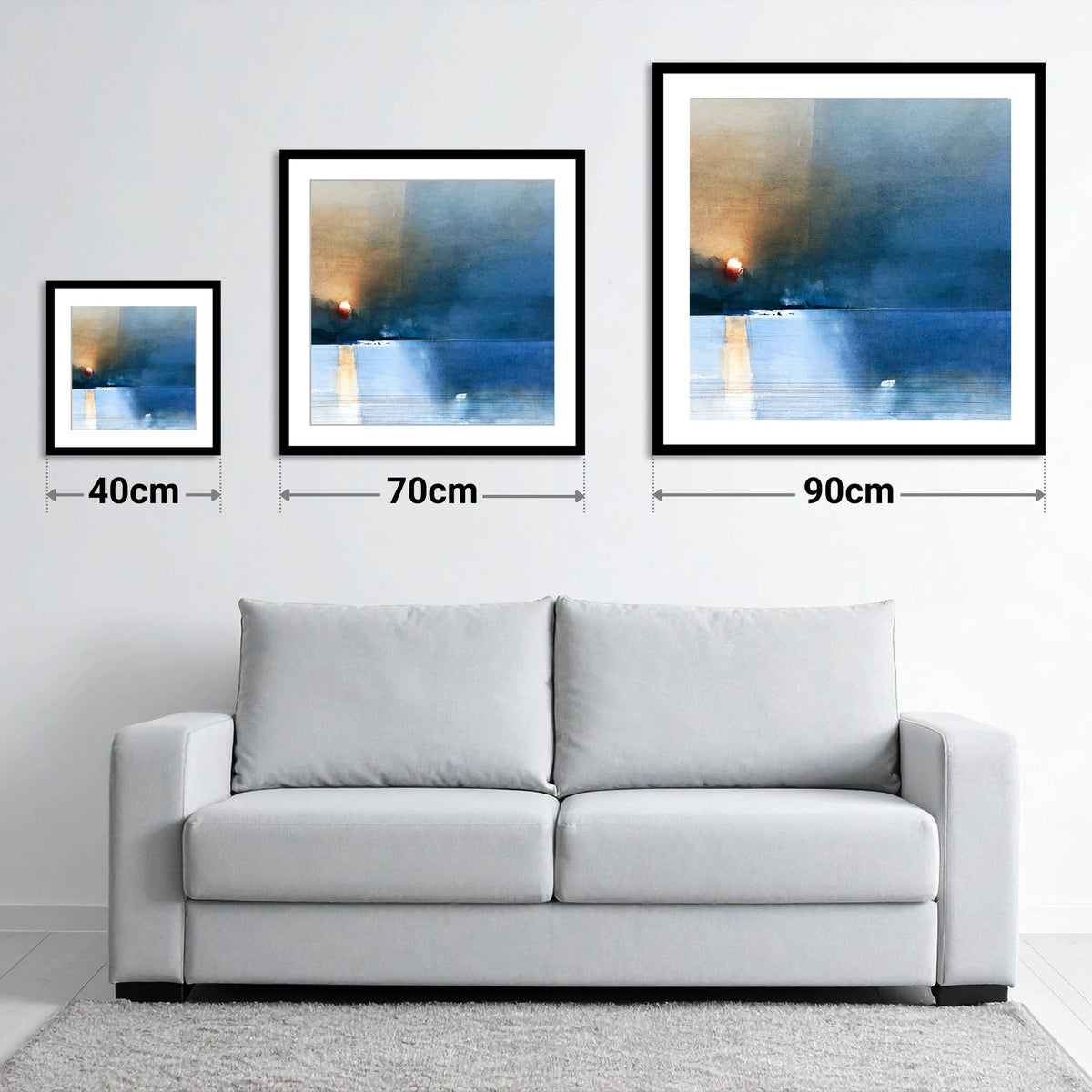 Indigo Sunset Over Lake Waters - size guide showing 40cm, 70cm and 90cm art prints