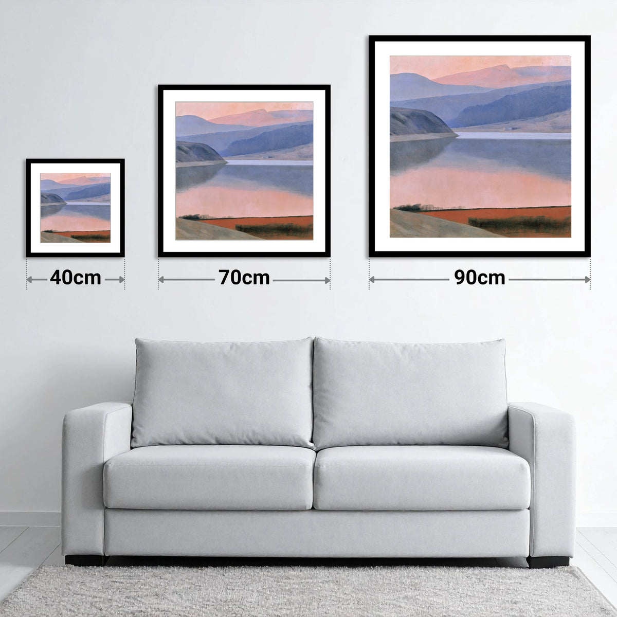 Lake and Fells in Dusk Pink - size guide showing 40cm, 70cm and 90cm art prints