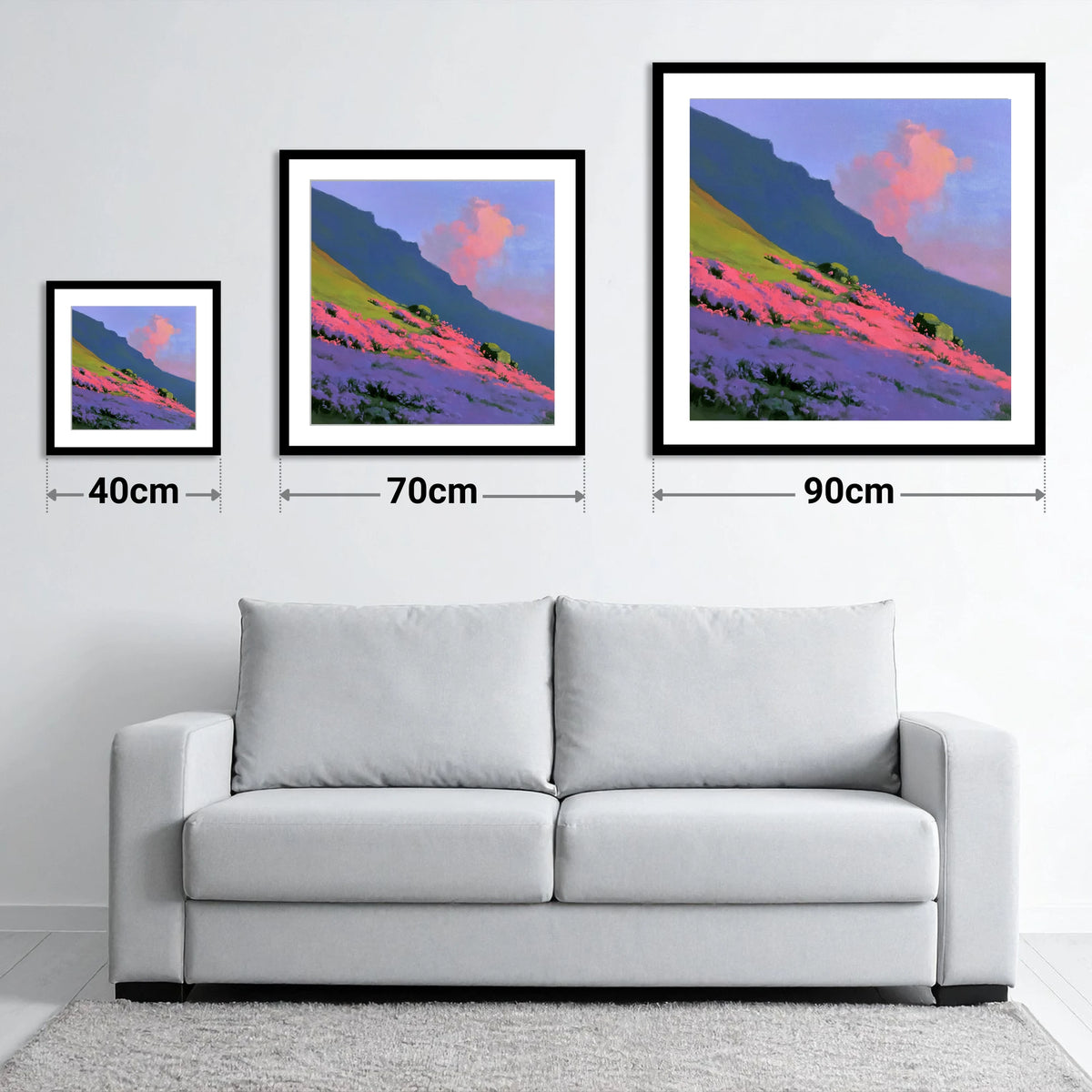 Vibrant Pink Heather Fellside - size guide showing 40cm, 70cm and 90cm art prints