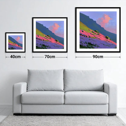 Vibrant Pink Heather Fellside - size guide showing 40cm, 70cm and 90cm art prints