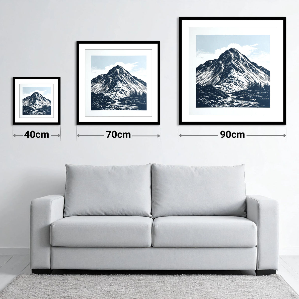 Great Gable in Deep Navy - size guide showing 40cm, 70cm and 90cm art prints