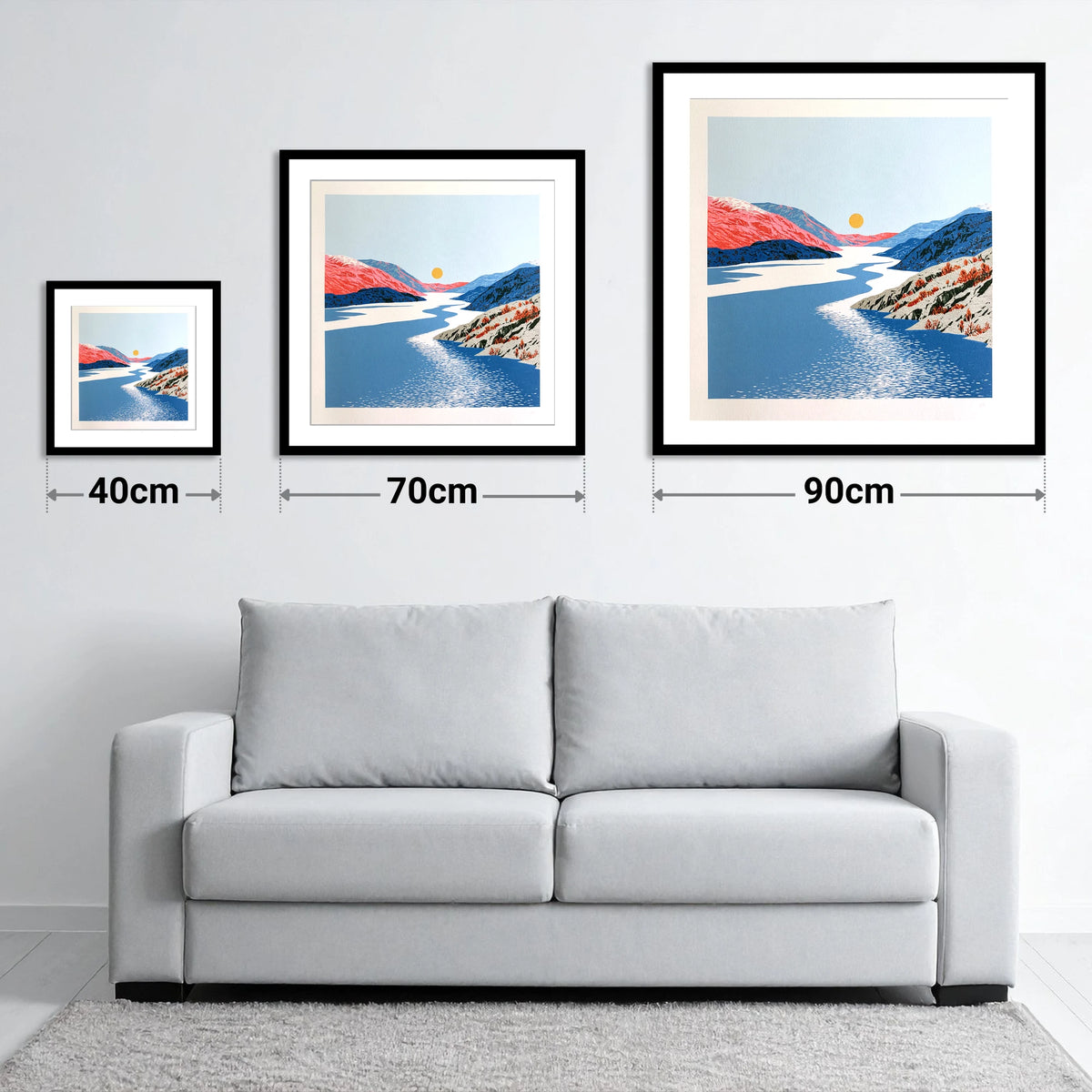 Ennerdale Valley and Golden Sun - size guide showing 40cm, 70cm and 90cm art prints